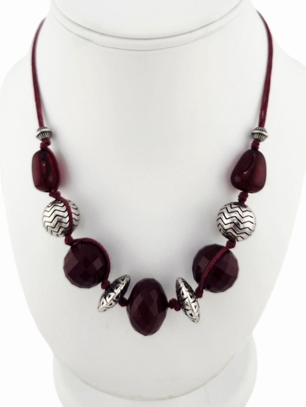 C1946 Women's Burgundy and Silver-Toned Beaded Corded Statement Necklace